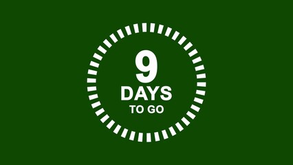 White countdown timer showing 9 days to go on a dark green background days remaining event countdown