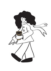 Vector illustration in doodle flat style of a girl walking through the city with coffee