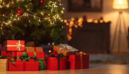 Christmas tree adorned with lights and gifts in a cozy living room during the festive season