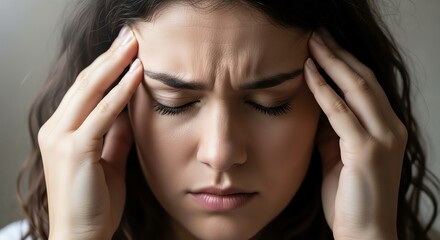 Obraz premium Woman holding head expressing stress and discomfort