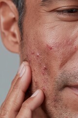 Obraz premium Close up of human cheek with acne and facial hair under natural light 