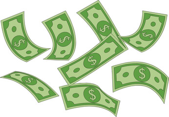 Flying Dollar Bills Vector Illustration of Money. Falling Cash Background with Green Dollar Notes.