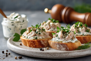 bruschetta with tuna pate, fish rillettes