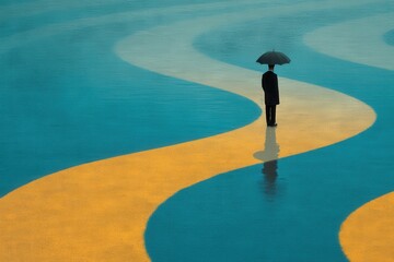 Thoughtful businessman navigating colorful abstract pathways under an umbrella reflecting choices and decisions in a visually striking composition that evokes contemplation and insight