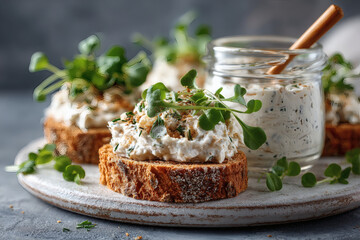 bruschetta with tuna pate, fish rillettes