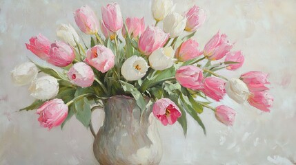 Pink and white tulips are in a jug, set against a white background.
