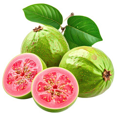 Ripe green guavas, one sliced open to reveal pink interior, attached to a leafy branch
