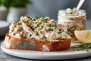 bruschetta with tuna pate, fish rillettes