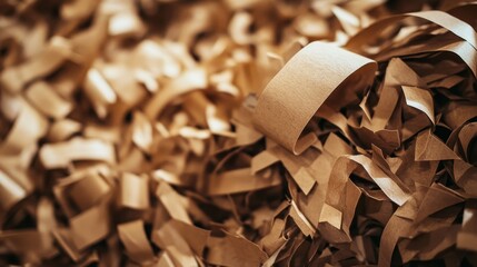 Shredded brown paper, like from a regular office shredder, shown up close.
