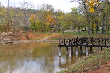 Beautiful autumn park filled with golden-yellow trees, cozy benches, and winding walking paths. Fallen leaves cover the ground, creating a peaceful and romantic atmosphere perfect for relaxation