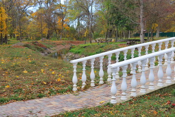 Beautiful autumn park filled with golden-yellow trees, cozy benches, and winding walking paths. Fallen leaves cover the ground, creating a peaceful and romantic atmosphere perfect for relaxation
