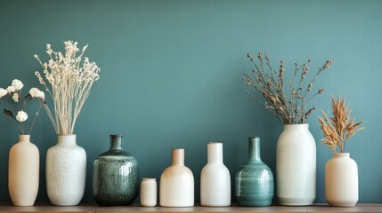 Simple interior with ceramic vases on a teal wall. A showroom displays neutral home decorations. Neutral and stylish home design.
