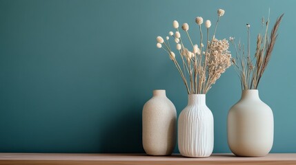 Simple interior with ceramic vases on a teal wall. A showroom displays neutral home decorations. Neutral and stylish home design.
