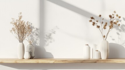 Simple room: Vase of dried flowers and nice things on a wood shelf. Empty space for your own stuff.

