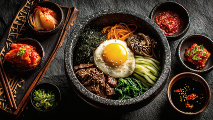 Bibimbap on a concrete background, traditional korean dish, top view