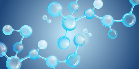 Abstract multiple molecules float in blue clear background with transparent bubbles inside. 3D Illustration