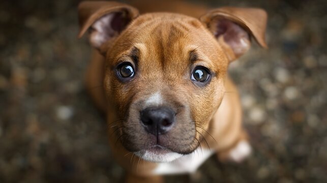 A close up portrait of a cute brown puppy looking up with innocent pleading eyes