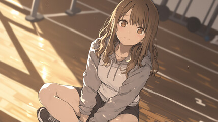体育館で微笑むアニメ美少女