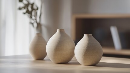 Three round vases made of ceramic sit on the table.
