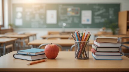 a bright classroom scene with school supplies on the desks. An apple sits prominently on the desk along with the pencils, books and notebook