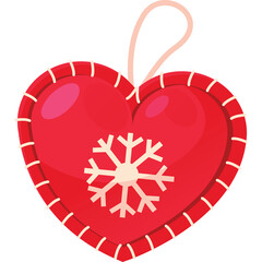 Red Heart Shaped Ornament with Snowflake Detail and White Stitching on Transparent Background Festive Winter Decoration