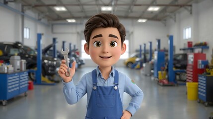 A mechanic stands confidently in a well-equipped auto repair shop, holding a wrench, ready to get the job done. The shop is filled with tools and cars.
