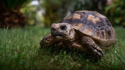 Obraz premium A close up detailed view of a tortoise walking across a grassy lawn