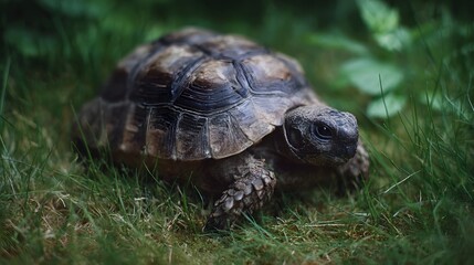 A detailed close up of a tortoise walking slowly across lush green grass in a natural garden setting