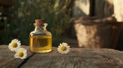 Tiny bottle of chamomile oil on old wood. Chamomile flowers nearby. Used for aromatherapy, spa treatments, and natural medicine. Room for text.
