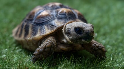 Obraz premium A detailed tortoise walks slowly across a vibrant green lawn