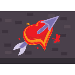 Red Heart Symbol Pierced By Arrow With Blood Splatters Against A Dark Brick Wall Texture With A Transparent Background