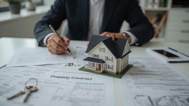a man signing a property contract with a model house and keys on the table. This scene likely represents a real estate transaction.
