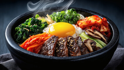 Bibimbap on a concrete background, traditional korean dish, top view
