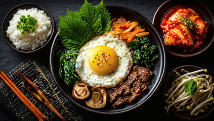 Bibimbap on a concrete background, traditional korean dish, top view