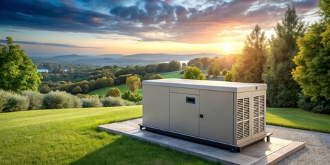 Modern Outdoor Generator at Sunset Overlooking Scenic Landscape