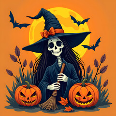 This Halloween image depicts a skeleton witch with pumpkins and bats against a full moon.