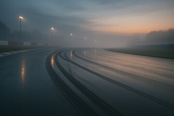 Fototapeta premium Foggy Morning Circuit with Dramatic Light Reflections and Racing Atmosphere
