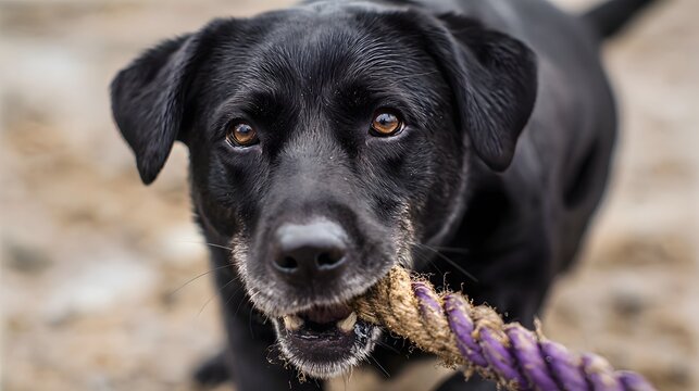 A black dog plays intensely with a thick rope toy outdoors - Powered by Adobe
