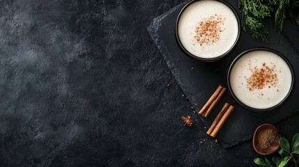 Vegan milk options and ingredients. A dairy-free drink for a healthy vegan or vegetarian diet. Top-down view with space for text. Wide banner image.
