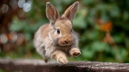 Fototapeta premium Close up of an adorable fluffy young bunny in mid air energetically leaping over a rustic wooden barrier in a lush garden setting