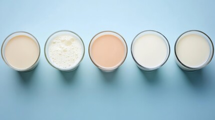 Vegan milk options and ingredients. A dairy-free drink for a healthy vegan or vegetarian lifestyle. Seen from above.
