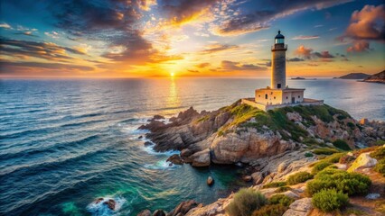 Majestic Lighthouse at Sunset Overlooking Vibrant Ocean Waves