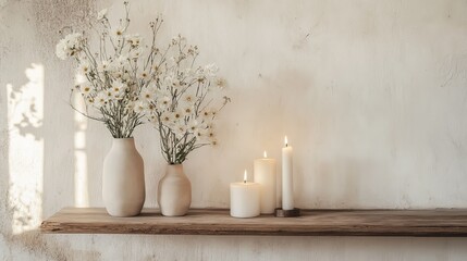 White flowers in plain vases and lit candles sit on a simple wood shelf. A worn white wall is behind it. Home decorations.
