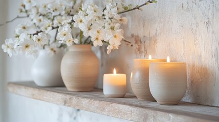 White flowers in plain vases and lit candles sit on a simple wood shelf. A worn white wall is behind it. Home decorations.
