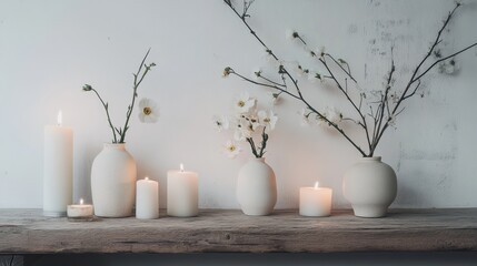 White flowers in plain vases and lit candles sit on a simple wood shelf. A worn white wall is behind it. Home decorations.
