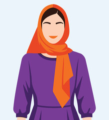 Minimalist Arabic Woman Portrait Illustration in Purple Dress and Orange Hijab
