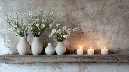 White flowers in simple vases and lit candles sit on a rustic wooden shelf. The wall behind it is a rough, gray plaster. A cozy home decoration.
