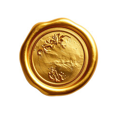 A close-up of a golden wax seal, floral design in center, on a black background
