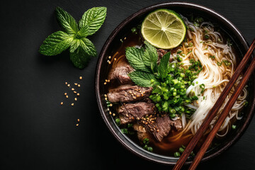 Pho Bo vietnamese soup with beef and rice noodles on a black background, top view