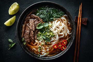 Pho Bo vietnamese soup with beef and rice noodles on a black background, top view